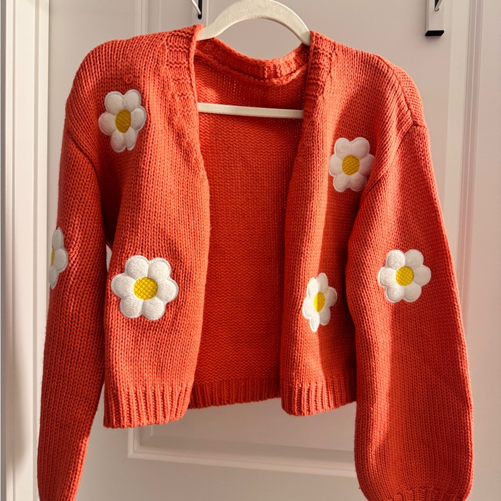 Floral Knit Cardigan Sweater - Orange